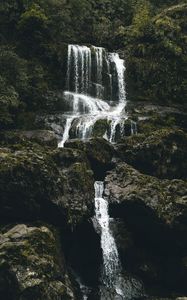 Preview wallpaper waterfall, stones, flow, water, moss, vegetation