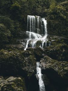 Preview wallpaper waterfall, stones, flow, water, moss, vegetation