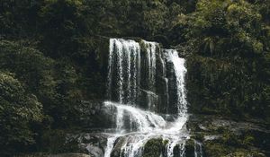 Preview wallpaper waterfall, stones, flow, water, moss, vegetation