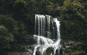 Preview wallpaper waterfall, stones, flow, water, moss, vegetation