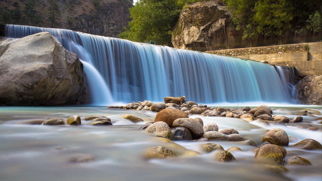Wallpaper waterfall, stones, fog, nature