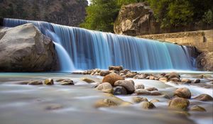 Preview wallpaper waterfall, stones, fog, nature