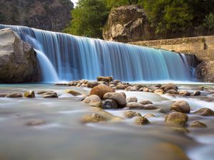 Preview wallpaper waterfall, stones, fog, nature