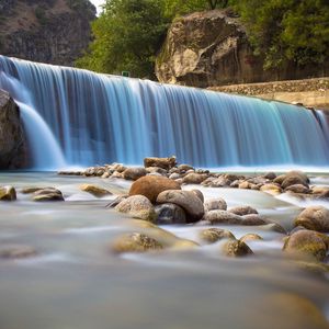 Preview wallpaper waterfall, stones, fog, nature