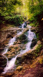 Preview wallpaper waterfall, stones, grass, forest, nature