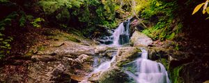 Preview wallpaper waterfall, stones, grass, forest, nature
