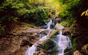 Preview wallpaper waterfall, stones, grass, forest, nature