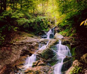 Preview wallpaper waterfall, stones, grass, forest, nature