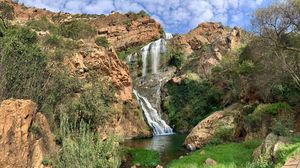 Preview wallpaper waterfall, stones, grass, landscape