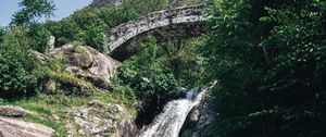 Preview wallpaper waterfall, stones, lake, glare, bridge