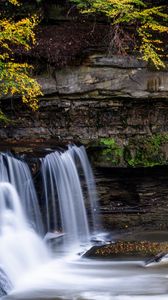 Preview wallpaper waterfall, stones, landscape, nature, long exposure