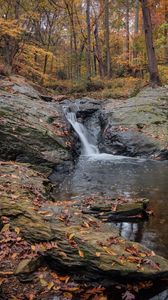 Preview wallpaper waterfall, stones, landscape, leaves, trees, autumn