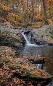 Preview wallpaper waterfall, stones, landscape, leaves, trees, autumn