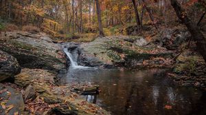 Preview wallpaper waterfall, stones, landscape, leaves, trees, autumn