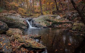 Preview wallpaper waterfall, stones, landscape, leaves, trees, autumn