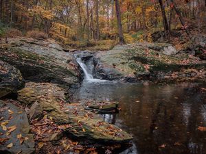 Preview wallpaper waterfall, stones, landscape, leaves, trees, autumn