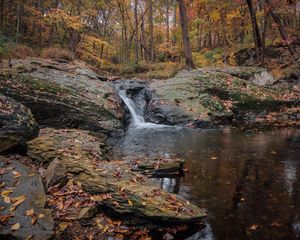 Preview wallpaper waterfall, stones, landscape, leaves, trees, autumn