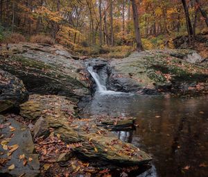 Preview wallpaper waterfall, stones, landscape, leaves, trees, autumn