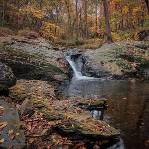 Preview wallpaper waterfall, stones, landscape, leaves, trees, autumn