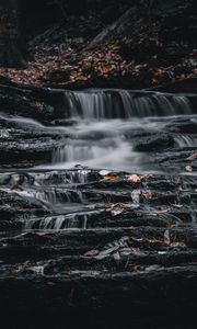 Preview wallpaper waterfall, stones, leaves, nature, dark