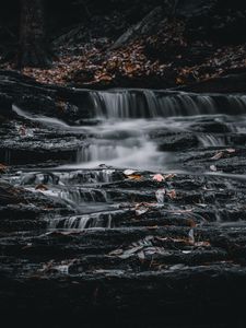Preview wallpaper waterfall, stones, leaves, nature, dark