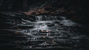 Preview wallpaper waterfall, stones, leaves, nature, dark