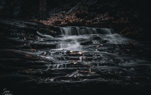 Preview wallpaper waterfall, stones, leaves, nature, dark