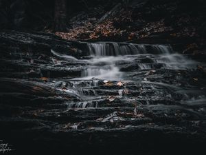 Preview wallpaper waterfall, stones, leaves, nature, dark