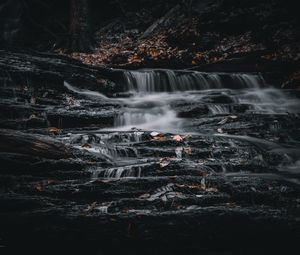 Preview wallpaper waterfall, stones, leaves, nature, dark