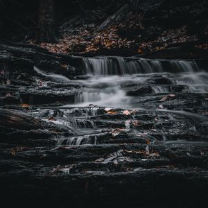 Preview wallpaper waterfall, stones, leaves, nature, dark