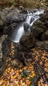 Preview wallpaper waterfall, stones, leaves, autumn