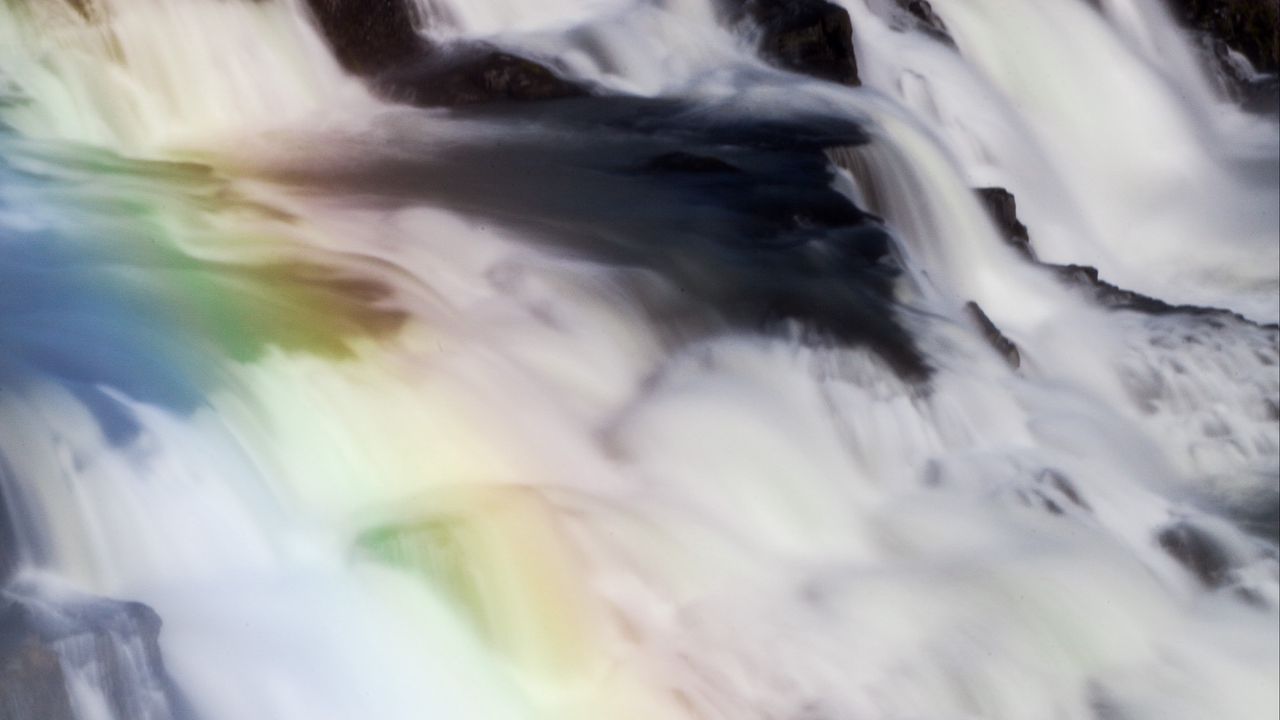 Wallpaper waterfall, stones, long exposure, rainbow