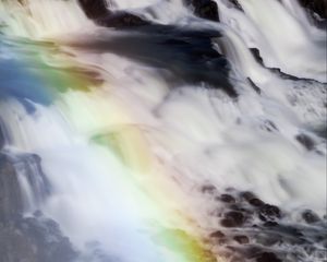 Preview wallpaper waterfall, stones, long exposure, rainbow