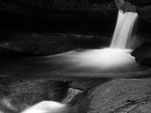 Preview wallpaper waterfall, stones, long exposure, bw