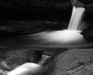 Preview wallpaper waterfall, stones, long exposure, bw