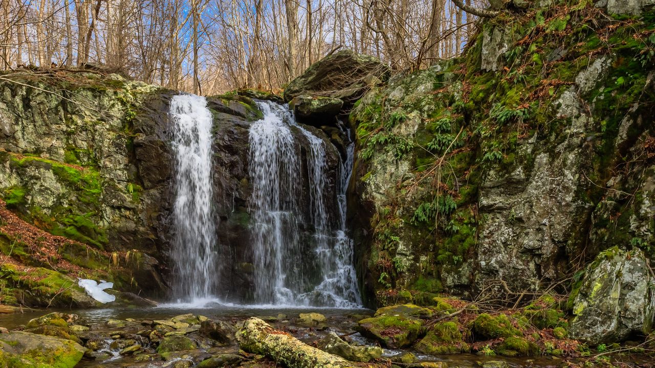Wallpaper waterfall, stones, moss, trees, nature