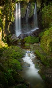 Preview wallpaper waterfall, stones, moss, water, stream