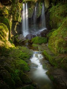 Preview wallpaper waterfall, stones, moss, water, stream