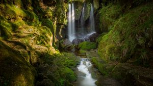 Preview wallpaper waterfall, stones, moss, water, stream