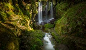 Preview wallpaper waterfall, stones, moss, water, stream