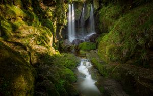 Preview wallpaper waterfall, stones, moss, water, stream