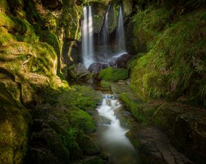 Preview wallpaper waterfall, stones, moss, water, stream