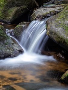 Preview wallpaper waterfall, stones, moss, flow, water