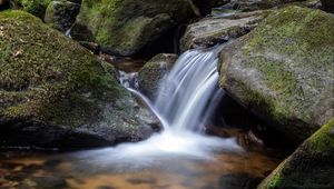 Preview wallpaper waterfall, stones, moss, flow, water