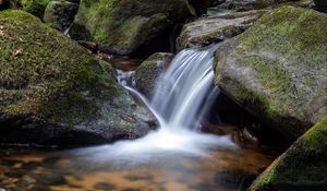 Preview wallpaper waterfall, stones, moss, flow, water