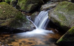 Preview wallpaper waterfall, stones, moss, flow, water