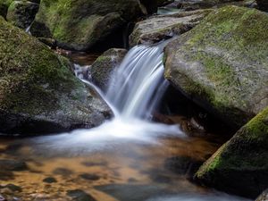 Preview wallpaper waterfall, stones, moss, flow, water