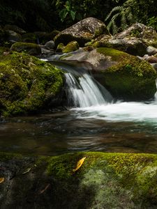 Preview wallpaper waterfall, stones, moss, water, plants