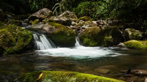 Preview wallpaper waterfall, stones, moss, water, plants