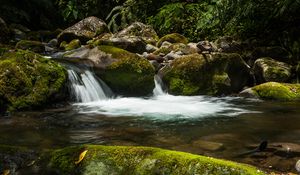 Preview wallpaper waterfall, stones, moss, water, plants